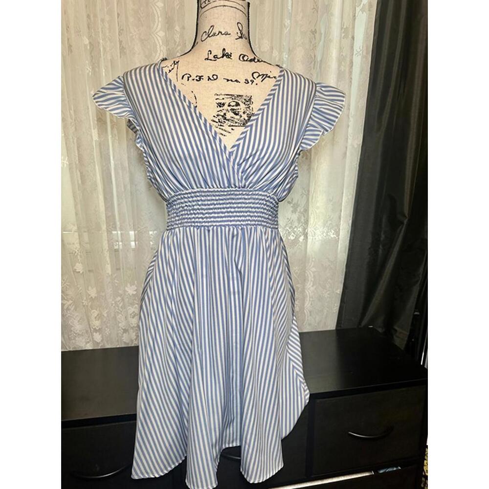 Blue & White Striped Flutter Sleeve Fit & Flare Dress - Size M